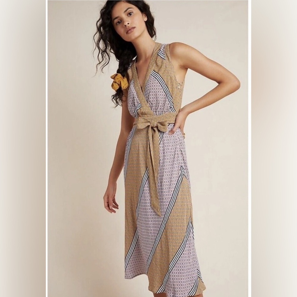Anthropologie Maeve Carla Sleeveless Faux Wrap Geometric Print Dress 2P EUC